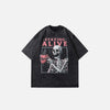 Front view of the black Staying Alive Skeleton T-shirt in a gray background