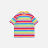 Front view of the yellow Pastel Rainbow Stripes T-shirt in a gray background