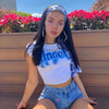 Model wearing the white Angle Blaze Skate T-Shirt