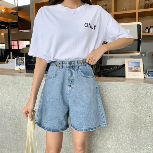 Polished Button Denim Shorts
