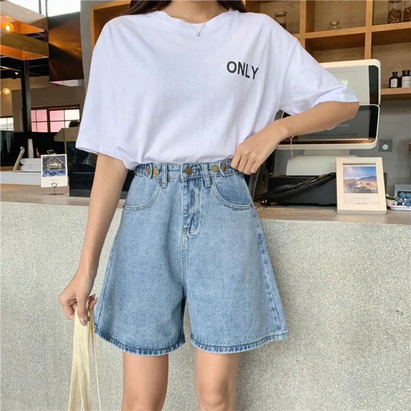 Polished Button Denim Shorts