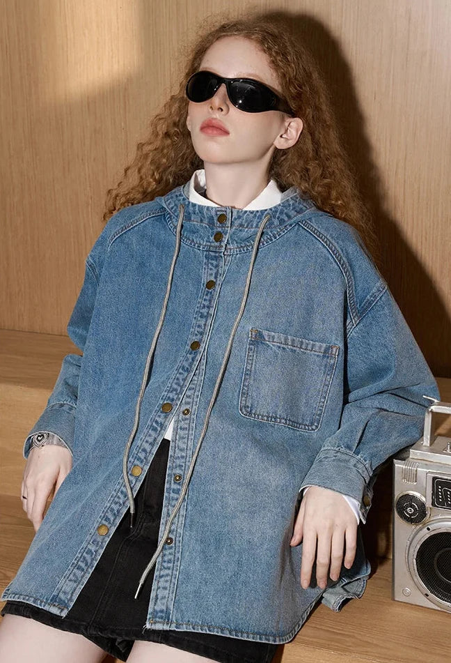 Chic Oversized Faded Hooded Denim Jacket