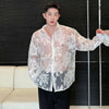 Sheer Panel Print Mens Long Shirt