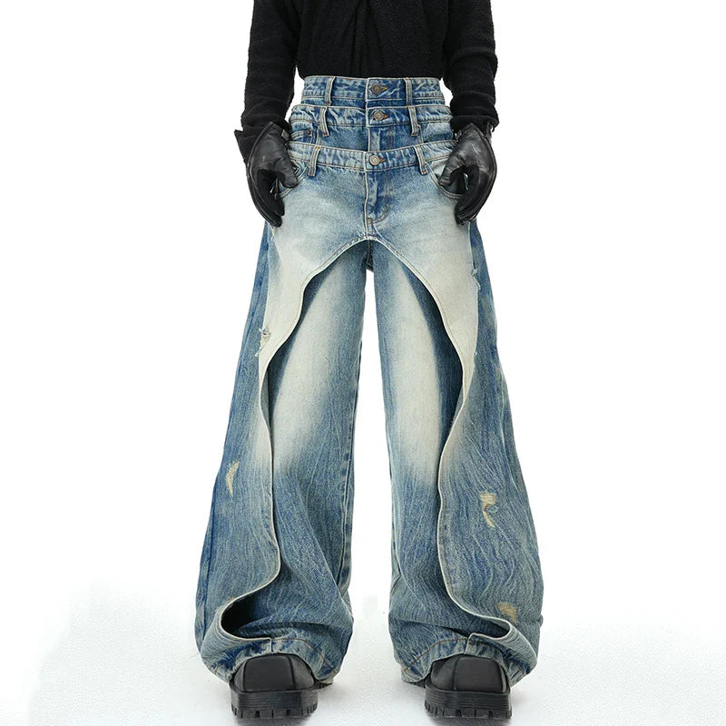 Men Layered Mosaic Bell Leg Denim