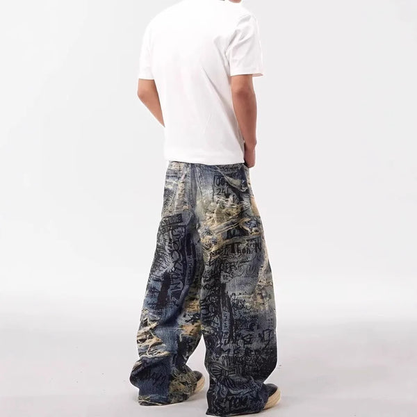 Classic 3D Printed Sleek Torn Bell Leg Denim alternatif görünüm