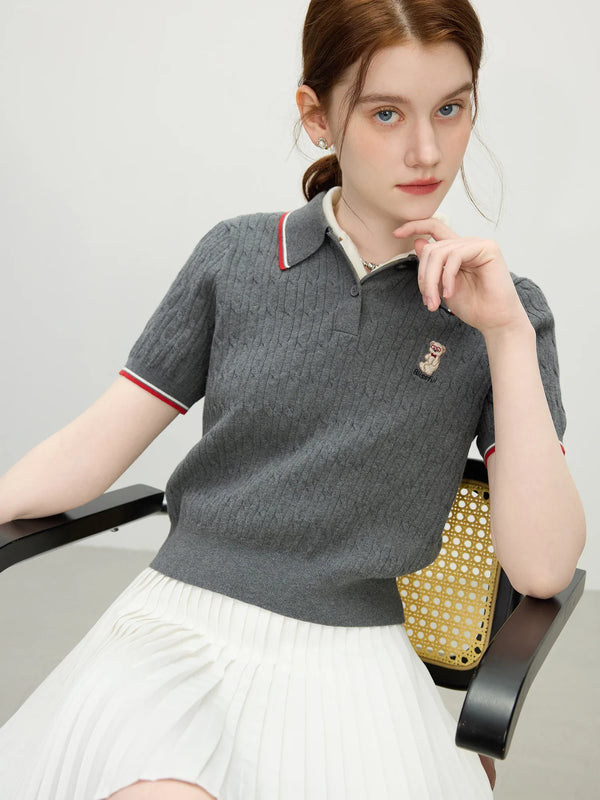 Women Contrast Color Ursus Needle-Art Knitted T-Shirt