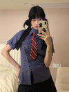 Asymmetric Hem Plaid Short Shirt