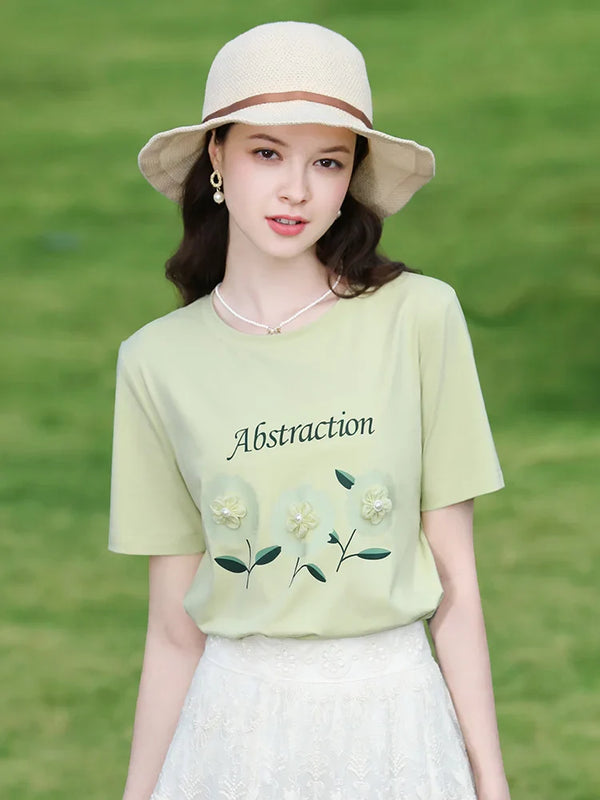 Green Floral Sewn-Detail T-Shirt alternatif görünüm