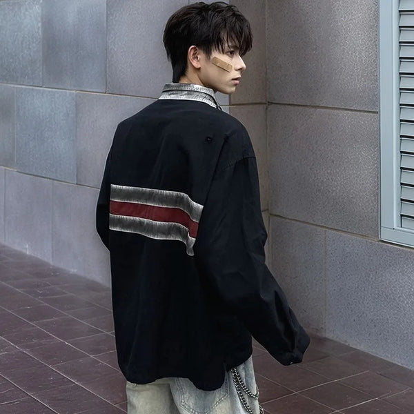 Ripped Old School Long Sleeve Collar-Knit Collar T-Shirt alternatif görünüm