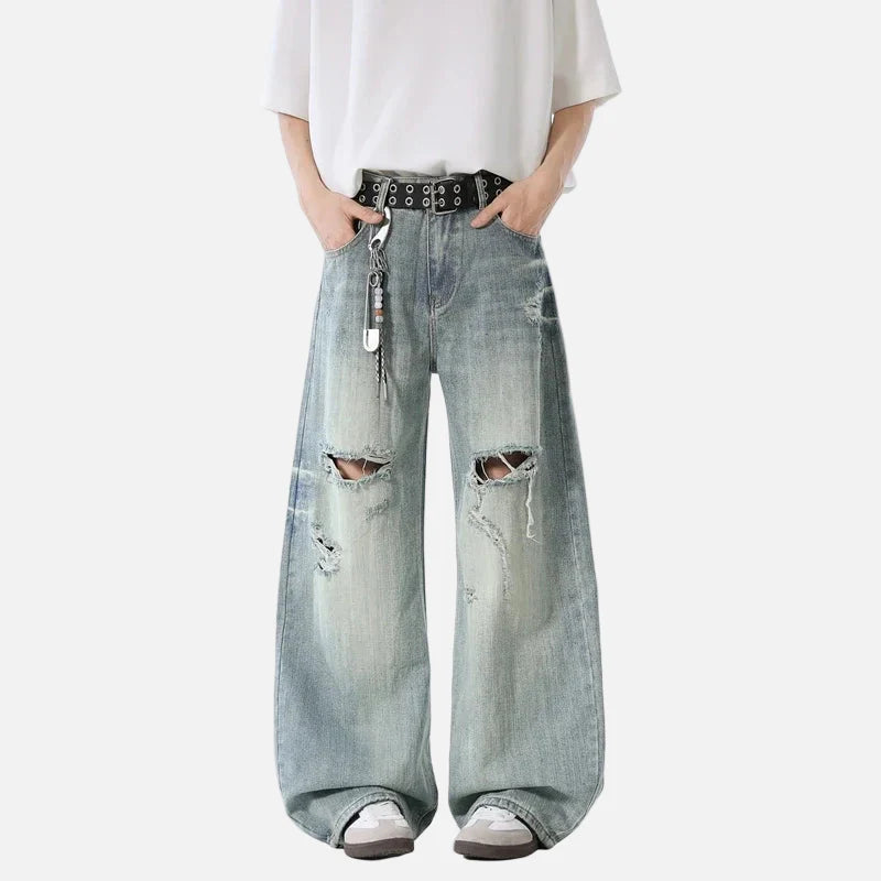 Metro Blue Relaxed Torn Bell Leg Denim