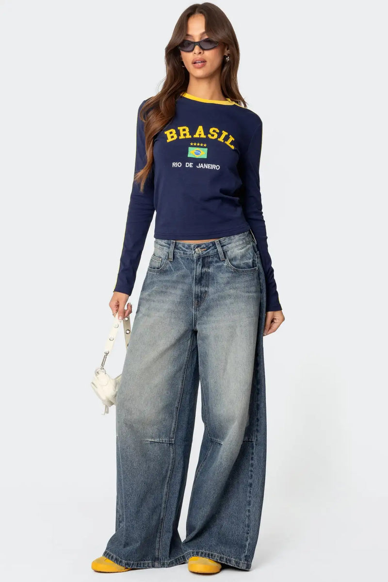 Brazilian Throwback Letter Print Midriff T-Shirt