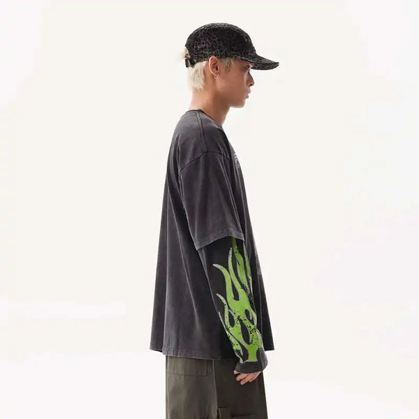 Faded Era Stars-and-Stripes Style Letter Print Long Sleeve T-Shirt alternatif görünüm