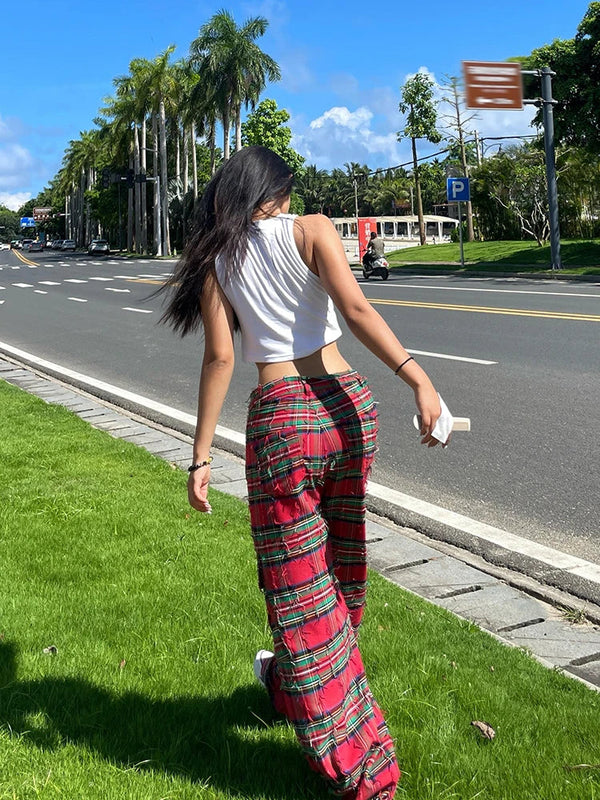 Red Block Plaid Ripped Trousers alternatif görünüm