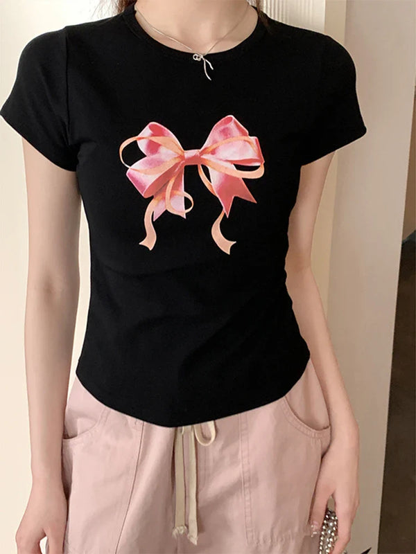Turn-Of-Era Woman's Bow Patterned Crop Top alternatif görünüm