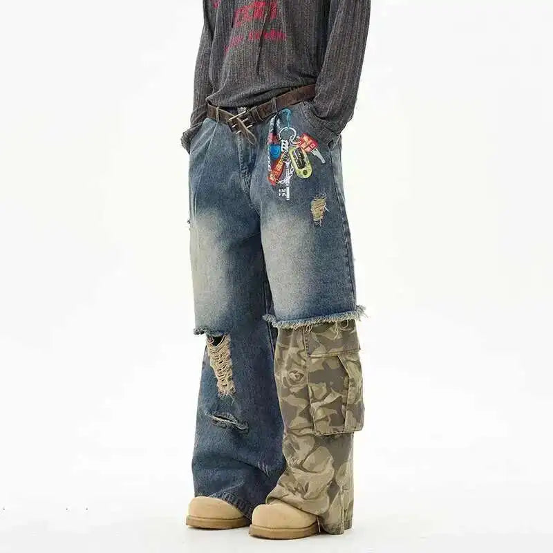 Long-lasting Classic Camo Print Splicing Design Denim