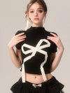 Women Nostalgia Heritage Obsidian Bow Print Midriff T-Shirt