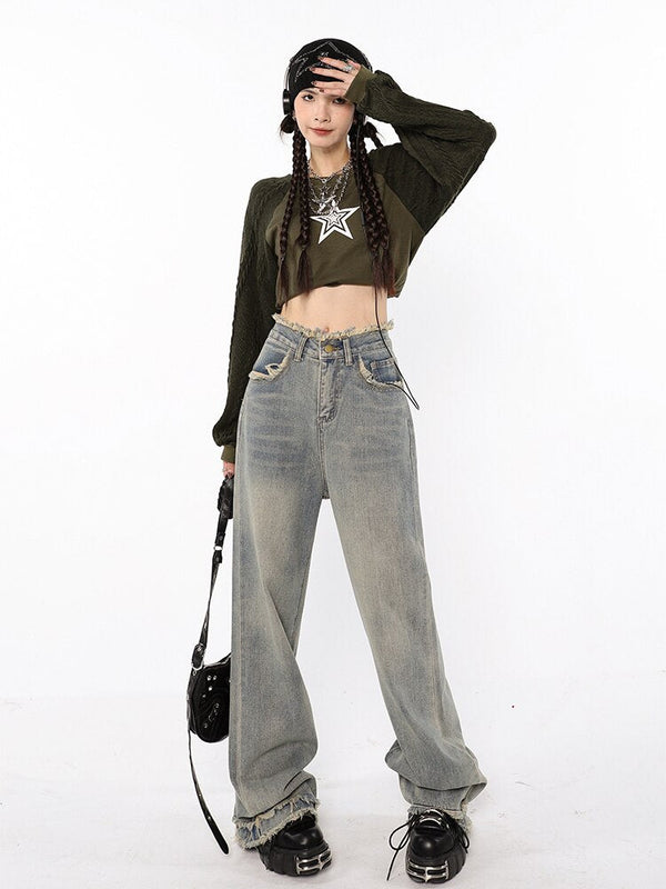Raw Edge Washed Baggy Denim alternatif görünüm