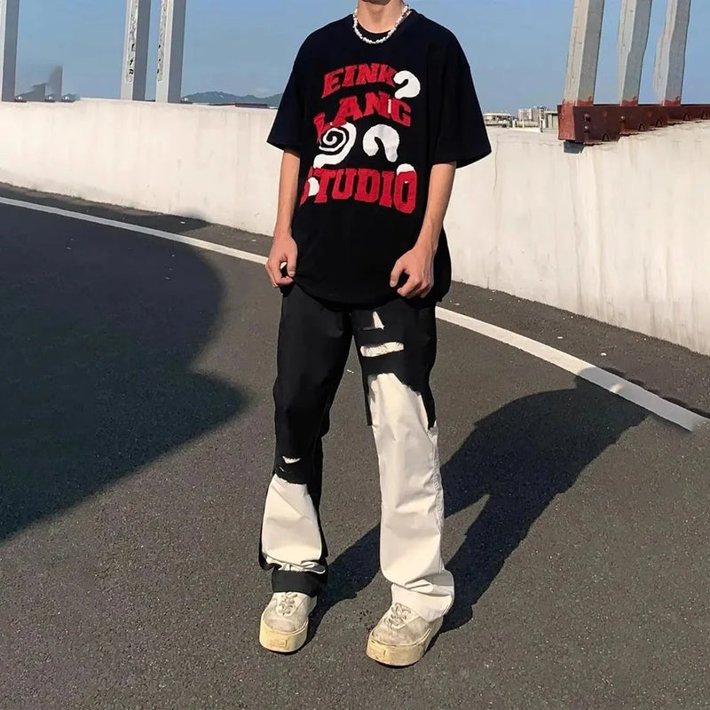 Irregular Stitching Black White Slim Denim