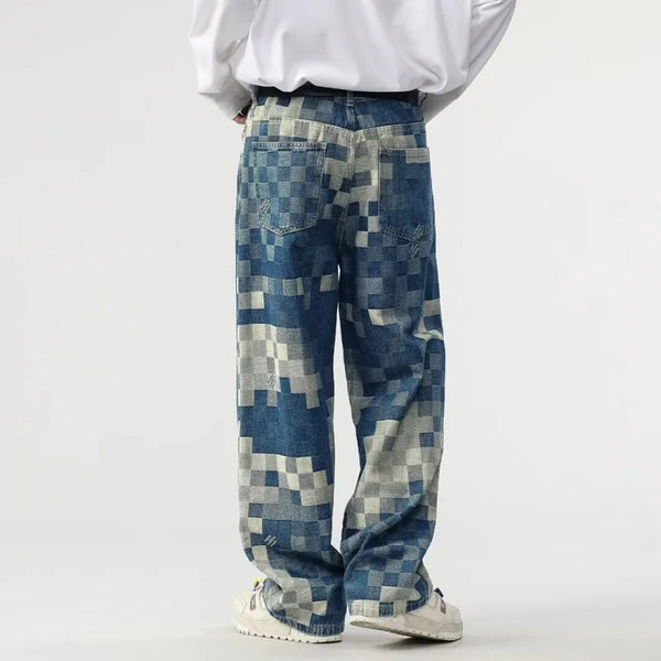 Vibrant Mosaic Checkerboard Printed Denim alternatif görünüm