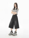 Women Casual Sleek Black Wide Leg Denim Shorts