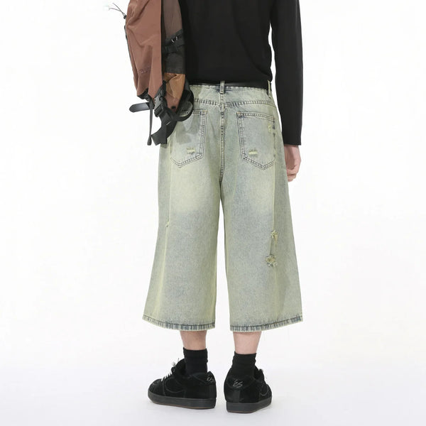 Colorful Ombre Faded Wide Leg Denim Shorts alternatif görünüm