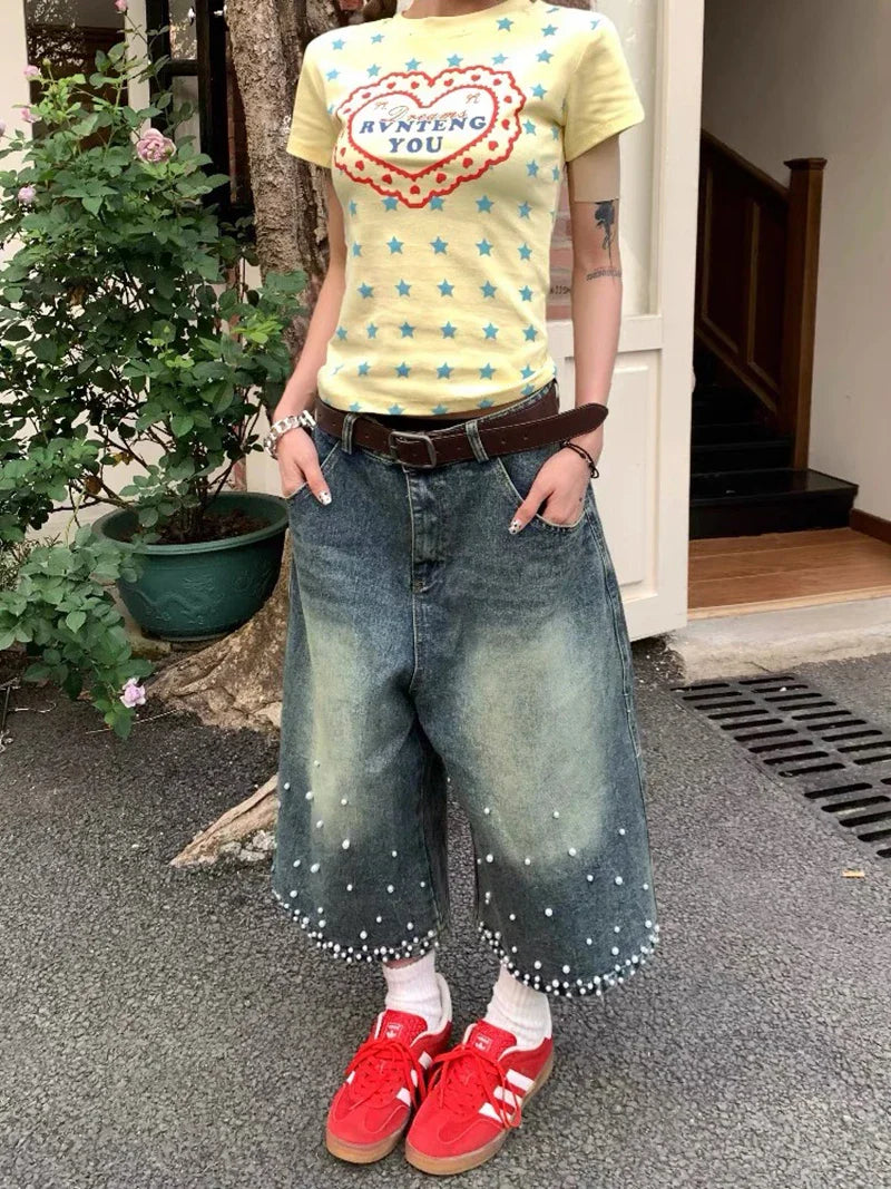 2000s Metro Heritage Beaded High-Rise Denim Shorts