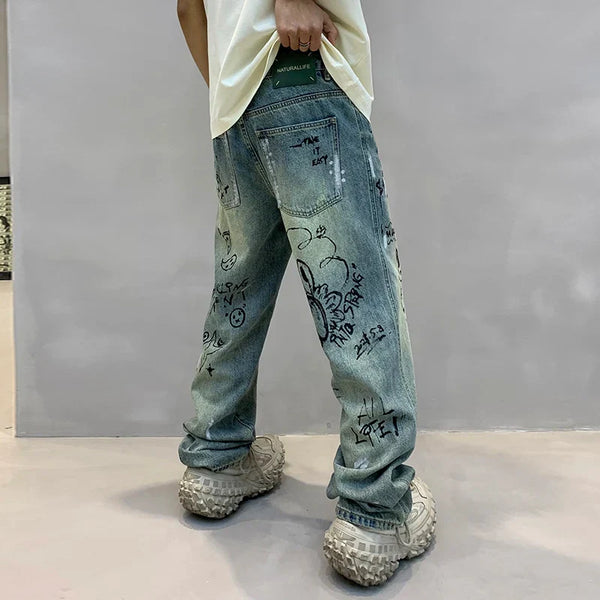 Men Personalized Graphic Printing Relaxed Denim alternatif görünüm