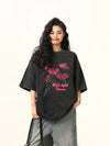 Stone-Rinsed Black Bloom Print Round T-Shirt