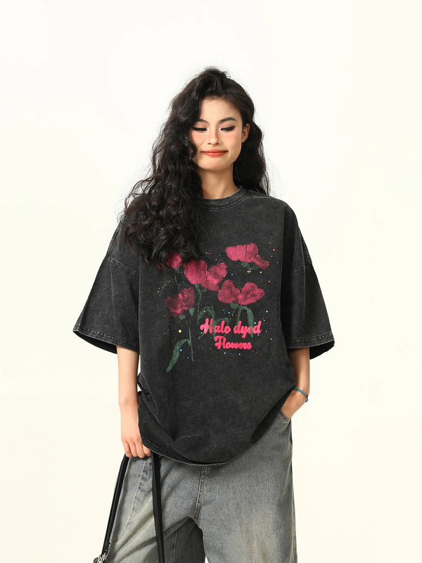 Stone-Rinsed Black Bloom Print Round T-Shirt