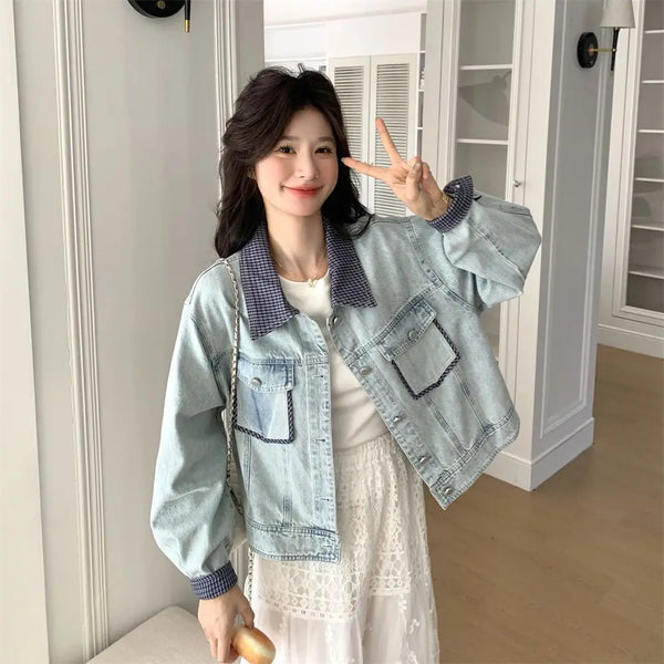 Women Classic Grid Spliced Denim Jacket alternatif görünüm