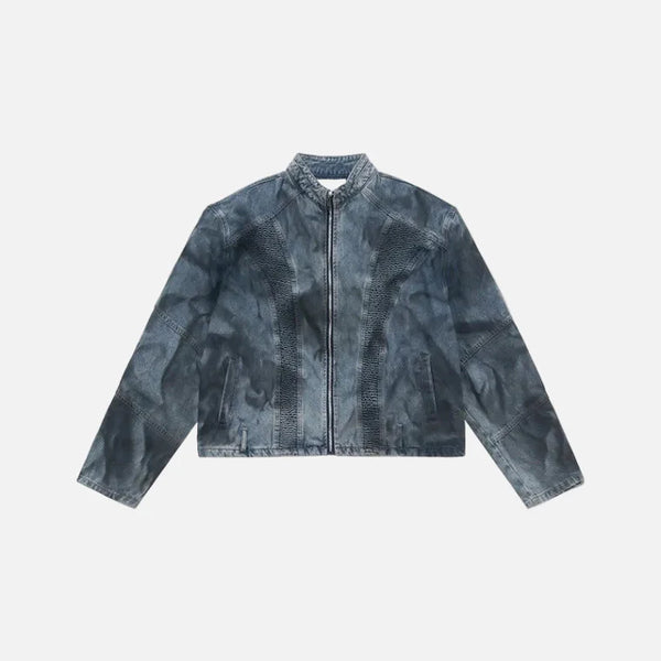 Crinkle Spray-Paint Denim Zip Jacket