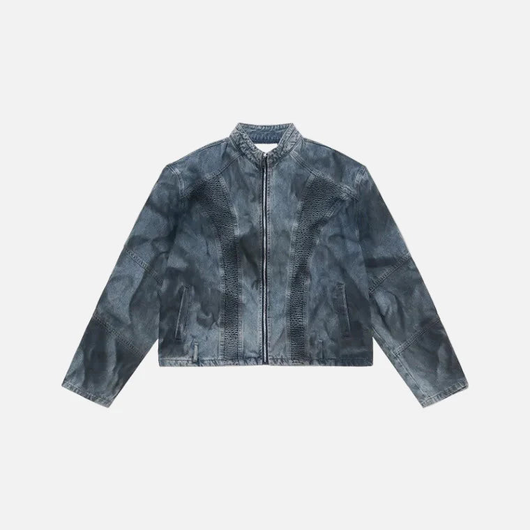 Crinkle Spray-Paint Denim Zip Jacket