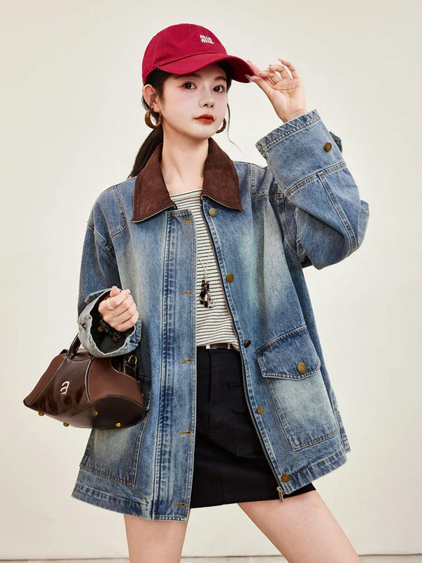 Classic Faux Collar Regular Fit Denim Jacket alternatif görünüm