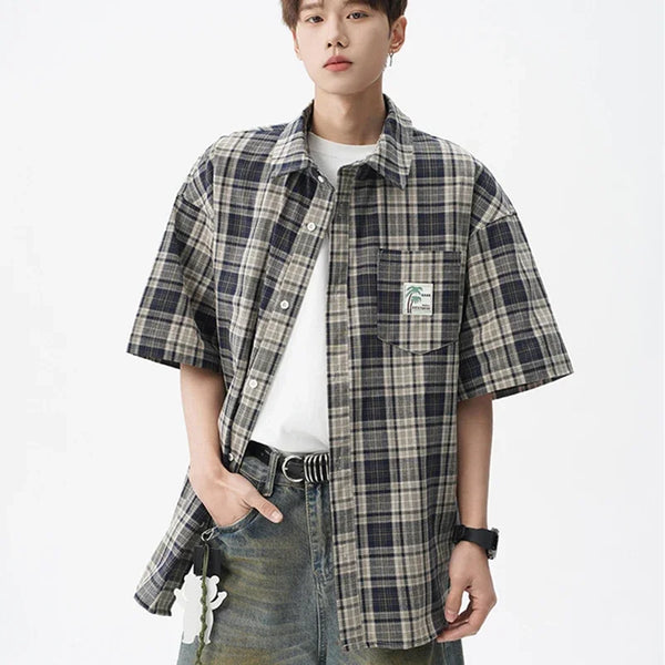 Mens Vintage Plaid Pocket Short Sleeve Top alternatif görünüm