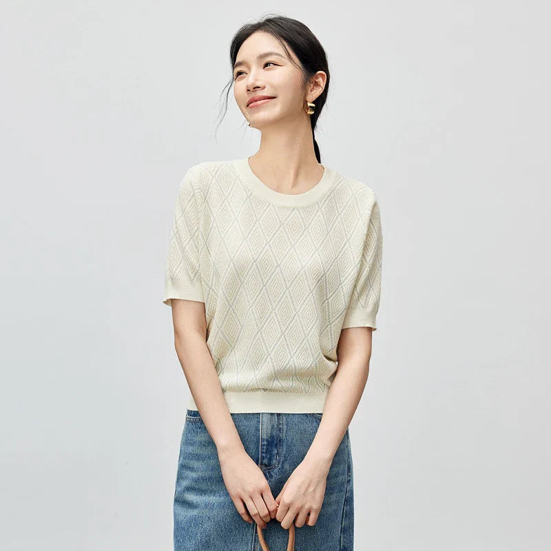 Neck Round Argyle Knit Soft T-Shirt