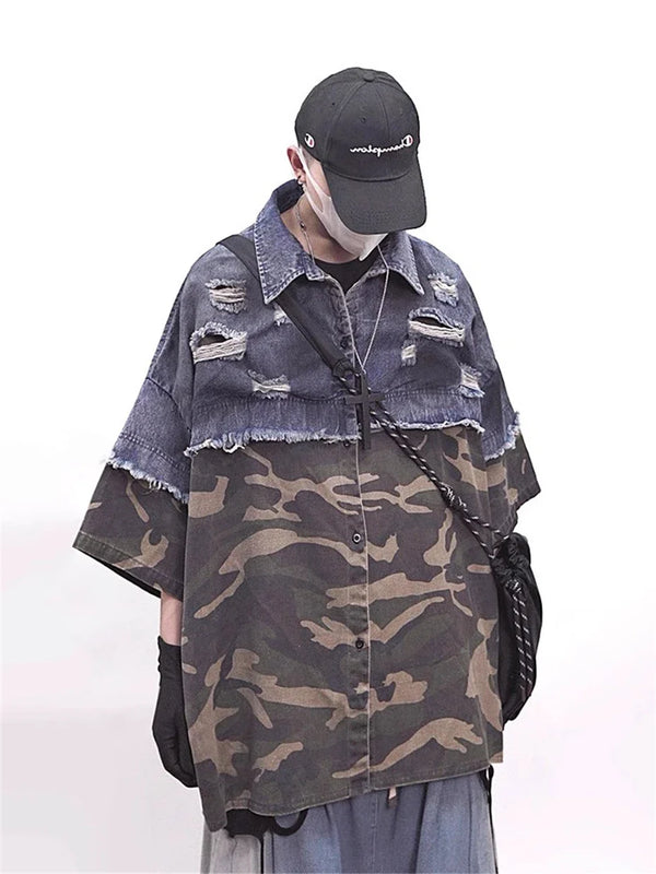Camo Splice Vintage Denim Top alternatif görünüm
