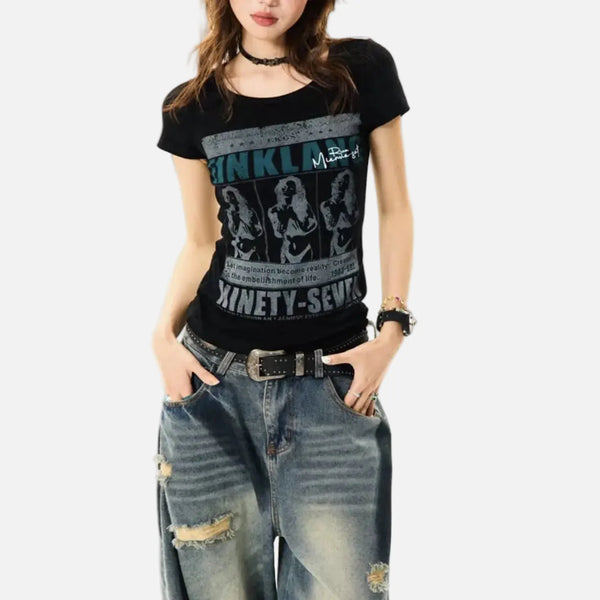 Women Throwback Slim Fit Black T-Shirt alternatif görünüm