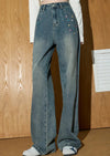 Durable 2000s Beaded High-Rise Bell Denim
