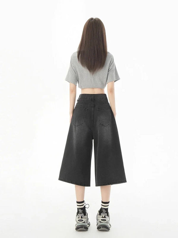 Women Casual Sleek Black Wide Leg Denim Shorts alternatif görünüm