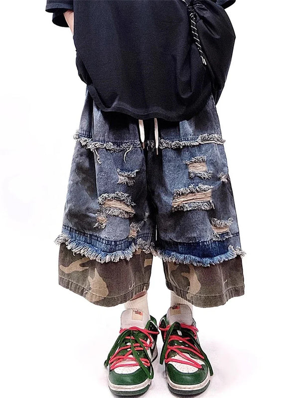 Timeless Woodland Splicing Denim Shorts alternatif görünüm