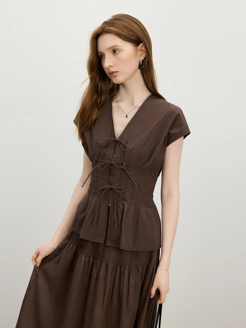 Bow-Tie V-Neck Contemporary Blouse