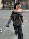 Women Urban-Edge Washed-Out Line-Pattern Slash Neck Raw-Edge T-Shirt
