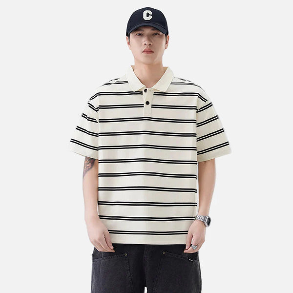 Artistic Stripe Sport-Collar Short Sleeve T-Shirt alternatif görünüm