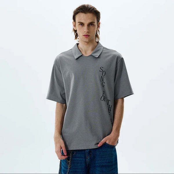 Elegant Letter Illustrated Short Sleeve Collar-Knit T-Shirt alternatif görünüm