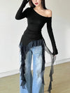 Off Tassel Ruffles Gentle Sweet T-Shirt