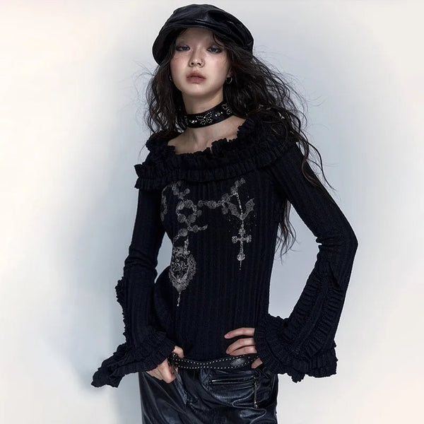 Raw-Edge Aesthetics Knitted Off Shoulder T-Shirt alternatif görünüm