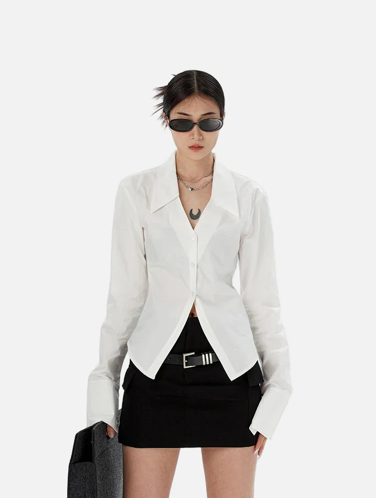Crisp White Poplin Flared Cuff Blouse