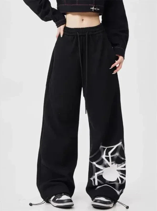 Y2K Wide Leg Örümcek Baskılı Jogger alternatif görünüm