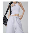 Women 2000s White Wide Leg Drawstring Denim Shorts