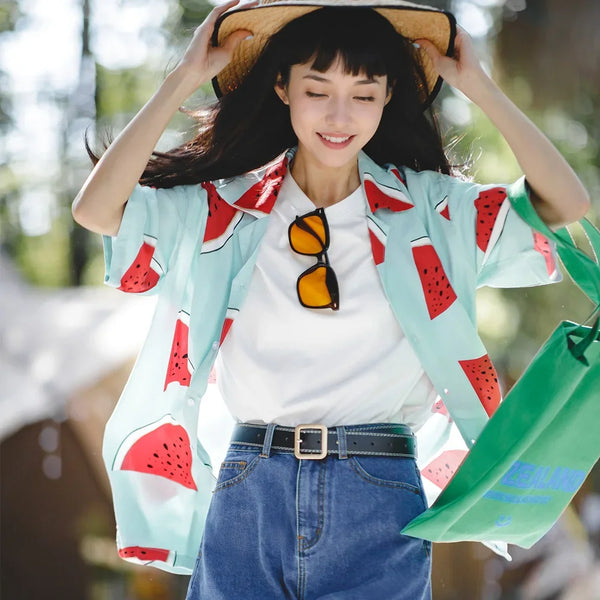 Melon Print Loose Collar Beach Top alternatif görünüm